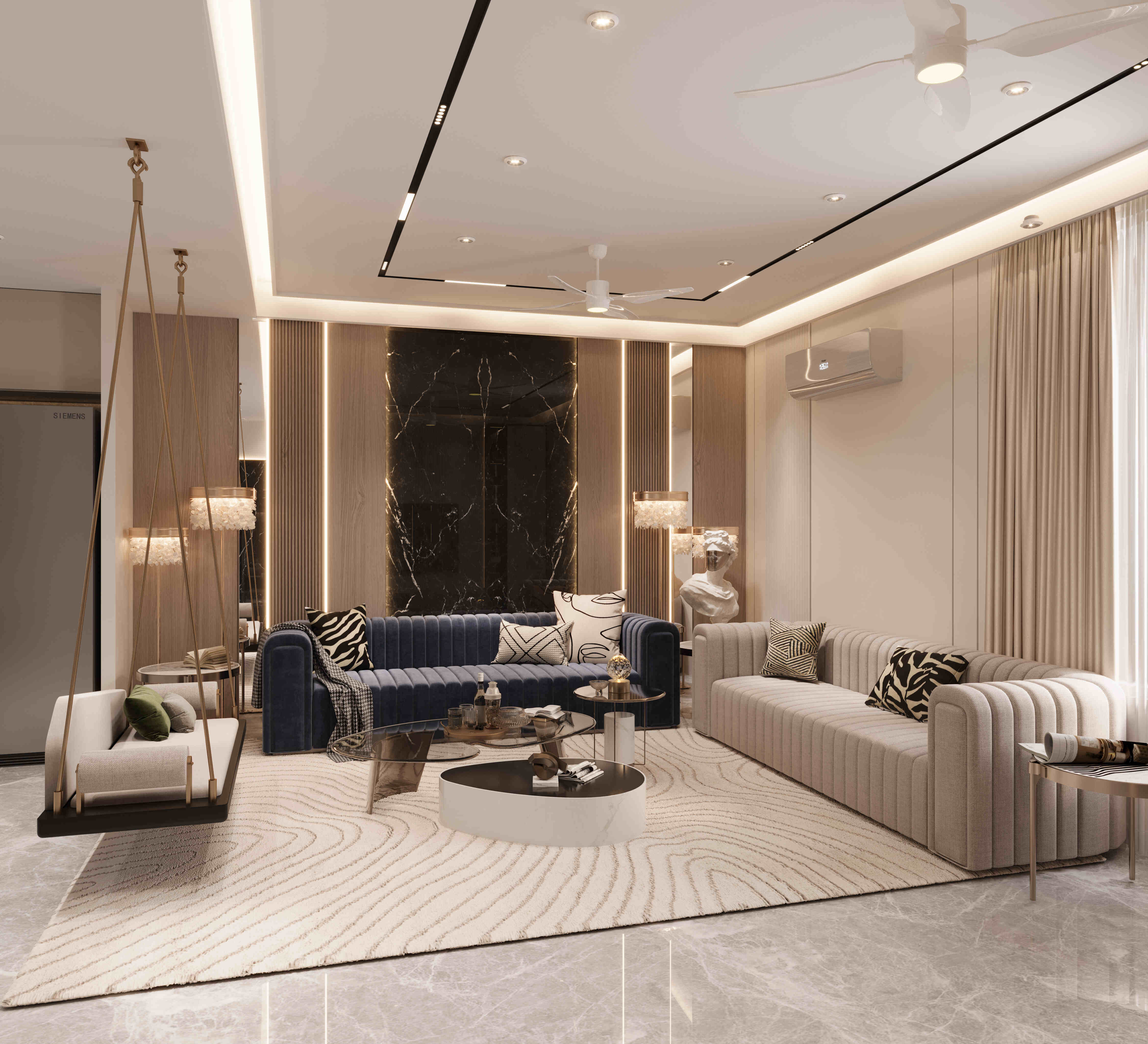 Beige and blue living room with swing designing by North Change